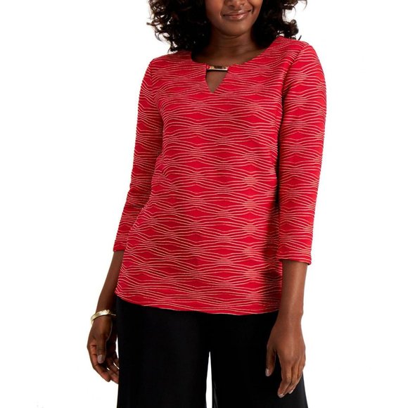 JM Collection Tops - NWT Jacquard Metallic Keyhole Knit Top XL Red